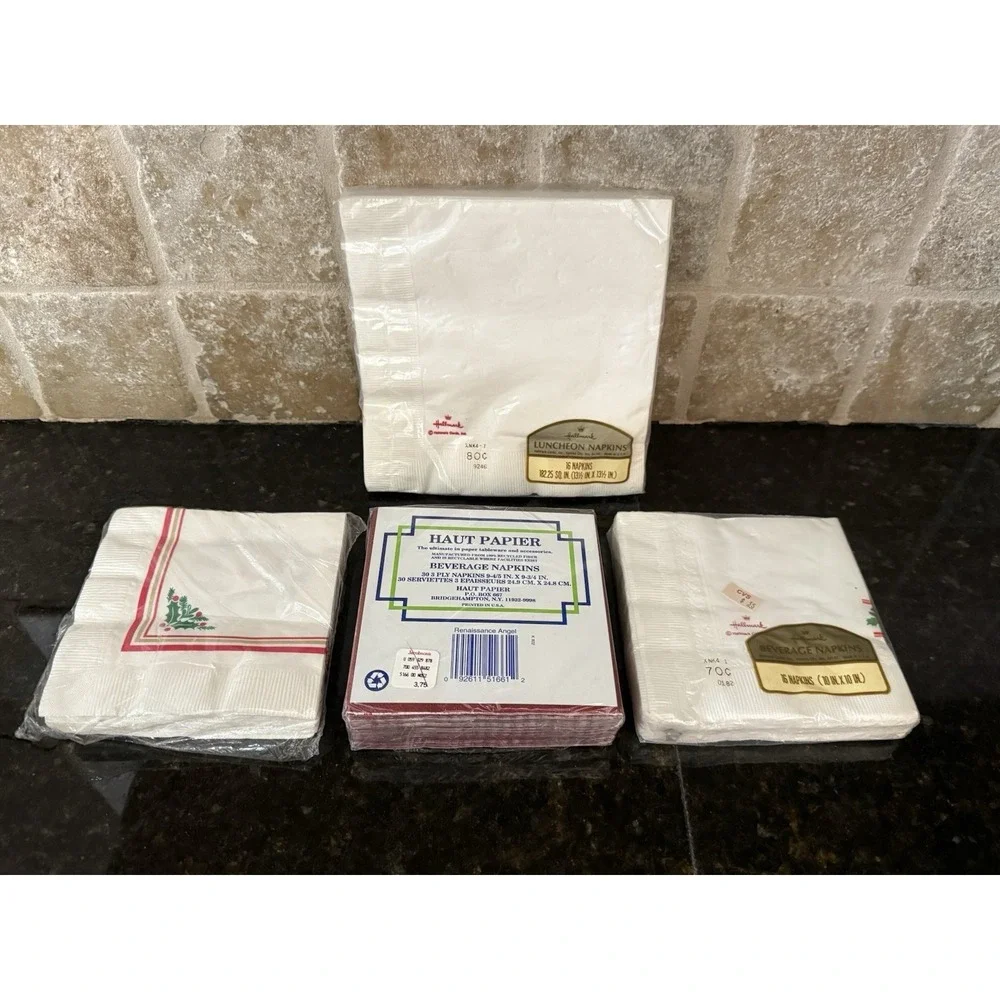 Vintage Christmas Paper Napkins Lot NOS Sealed Santa Poinsettia‎ Hallmark